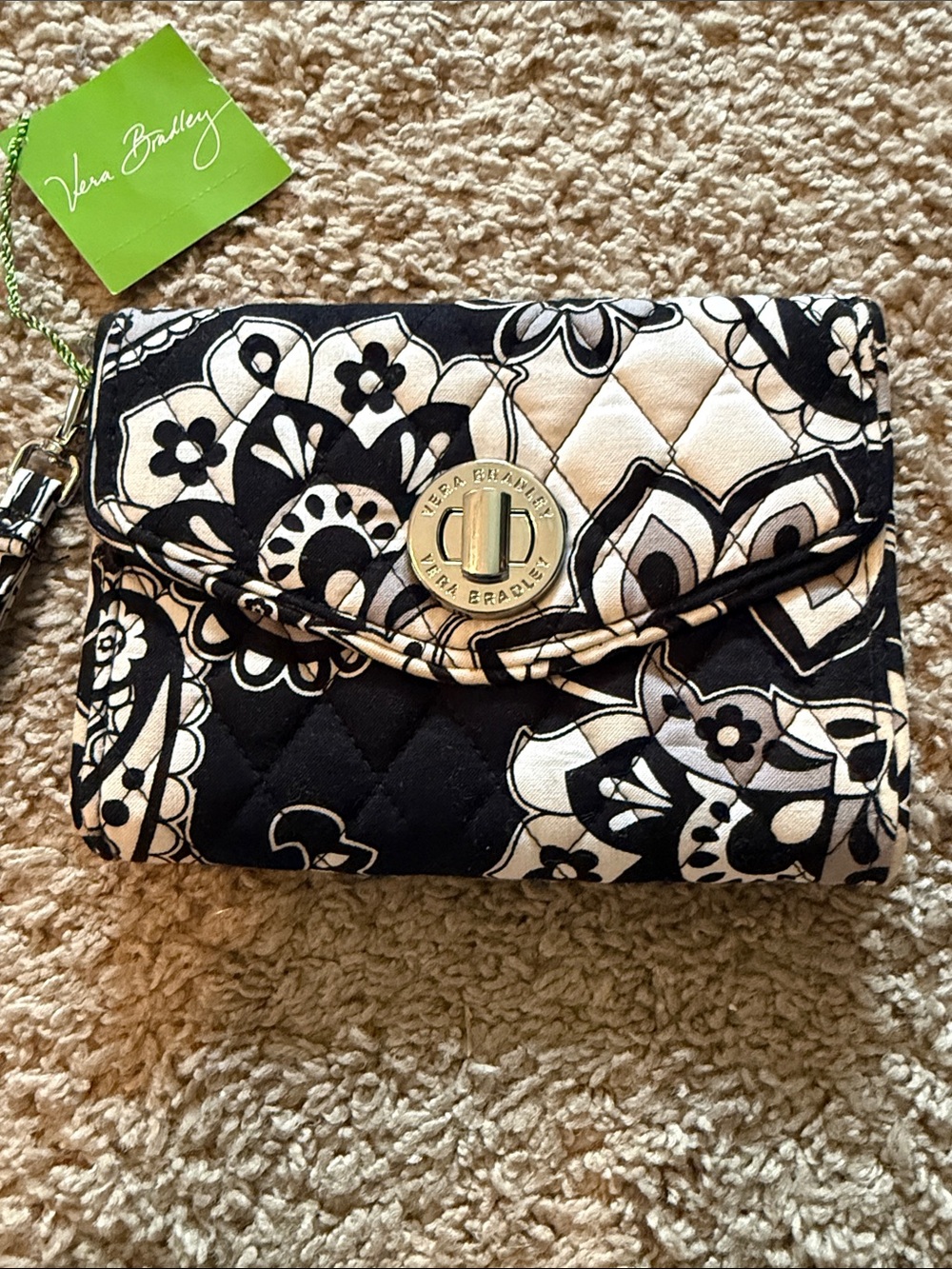 Vera Bradley Black & White Quilted Floral Turn-Lock Wristlet